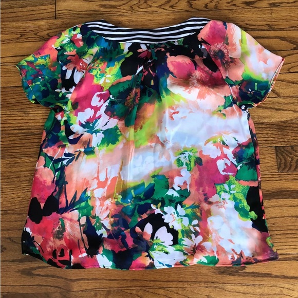 JCPenney Worthington Floral Print Black White Stripe Henley Neck Blouse Petite M - Picture 4 of 4